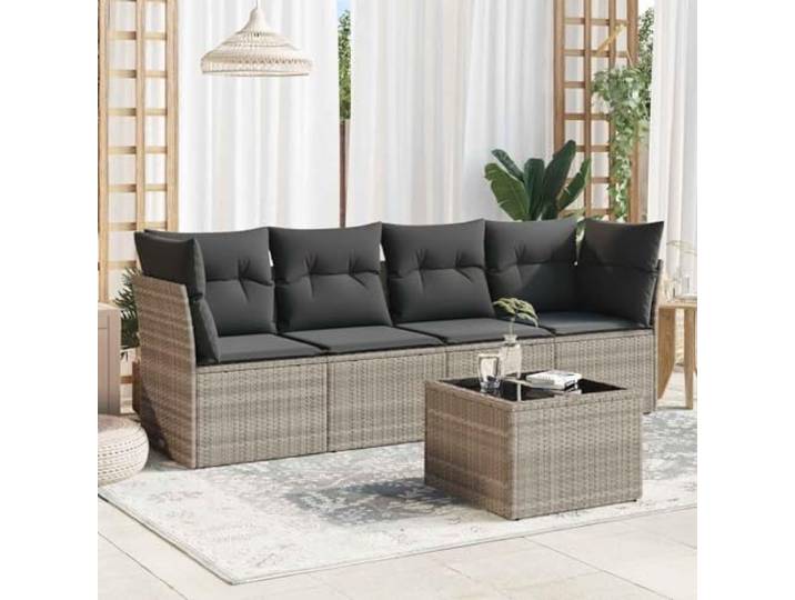 KTHLBRH Gartenmöbel-Set, 5-teilig, mit Kissen, hellgrau Robustes Polyrattan, wasserdichte Aufbewahrungsbox, Glastisch, modulares Design
