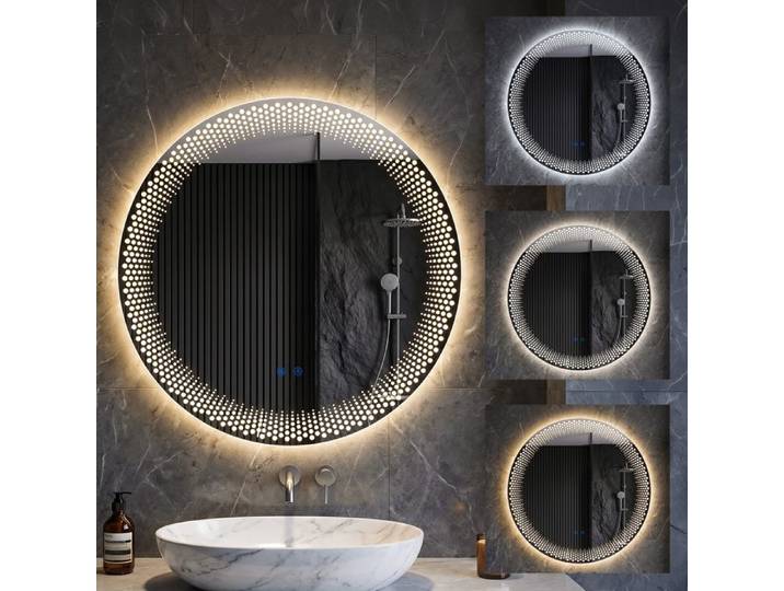 Miroir salle de bain rond LED Ø60cm tactile anti-buée 3 lumières à luminosité réglable luminosité variable pour maquillage