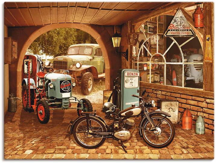 Leinwandbild ARTLAND Werkstatt mit Traktor und Motorrad , braun (farbe bild(er): braun), B:60cm H:45cm, Bilder, Leinwandbild, auf Holzrahmen gespannt