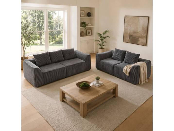 MEUVYX Ensemble de Canapés Modulables sans Montage Assises Larges et 5 Coussins en Velours Côtelé Gris