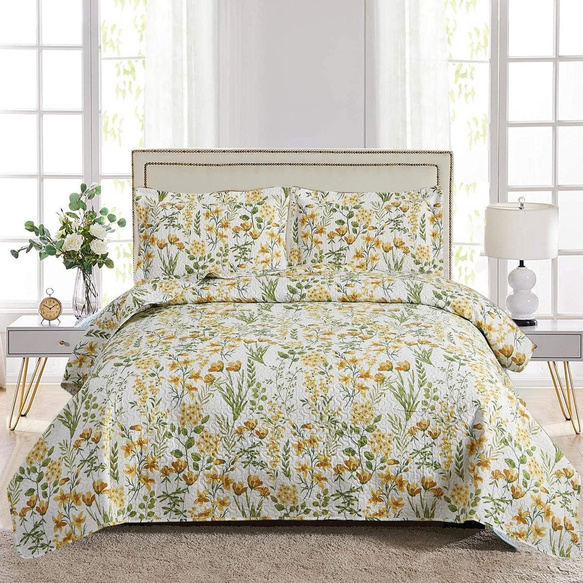 Omkeerbare Bloemen Dekbedset voor Volwassenen - Geel - Full/Queen Maat