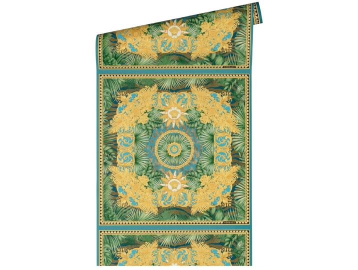 \ JUNGLE\ SATIJN GLANZEND MEDUSA HOOFD BEHANG Design - blauw goud groen - A.S. Création Versace 5