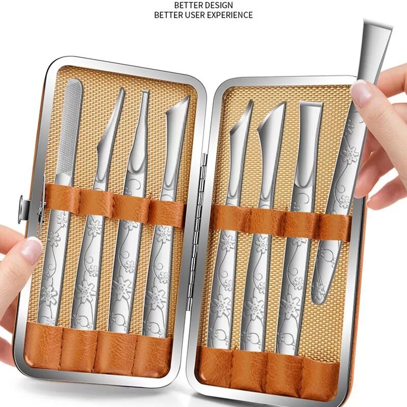 INF Orchideenmuster Pediküre Set aus Edelstahl, 8-teilig, Silber, Kompatibel mit professioneller Fußpflege