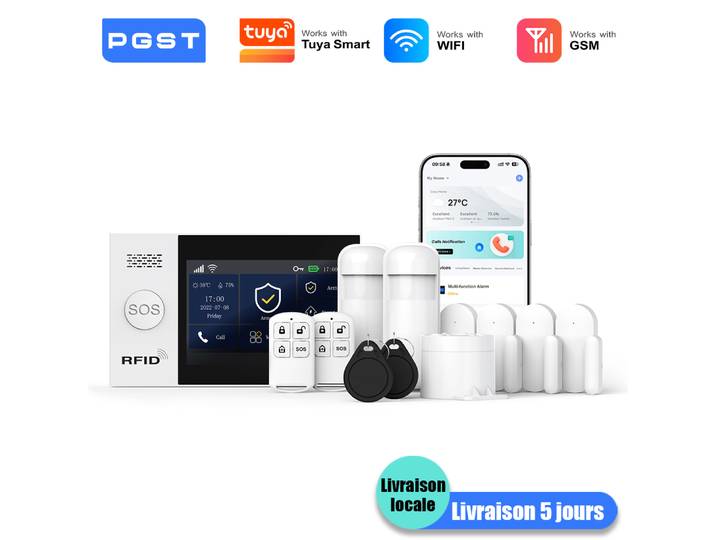 PGST système alarme anti vol WiFi 2G GSM Works with Tuya Smart Life pack sécurité sans fil intelligent protection domicile local commercial capteurs porte fenêtre surveillance à distance par téléphone