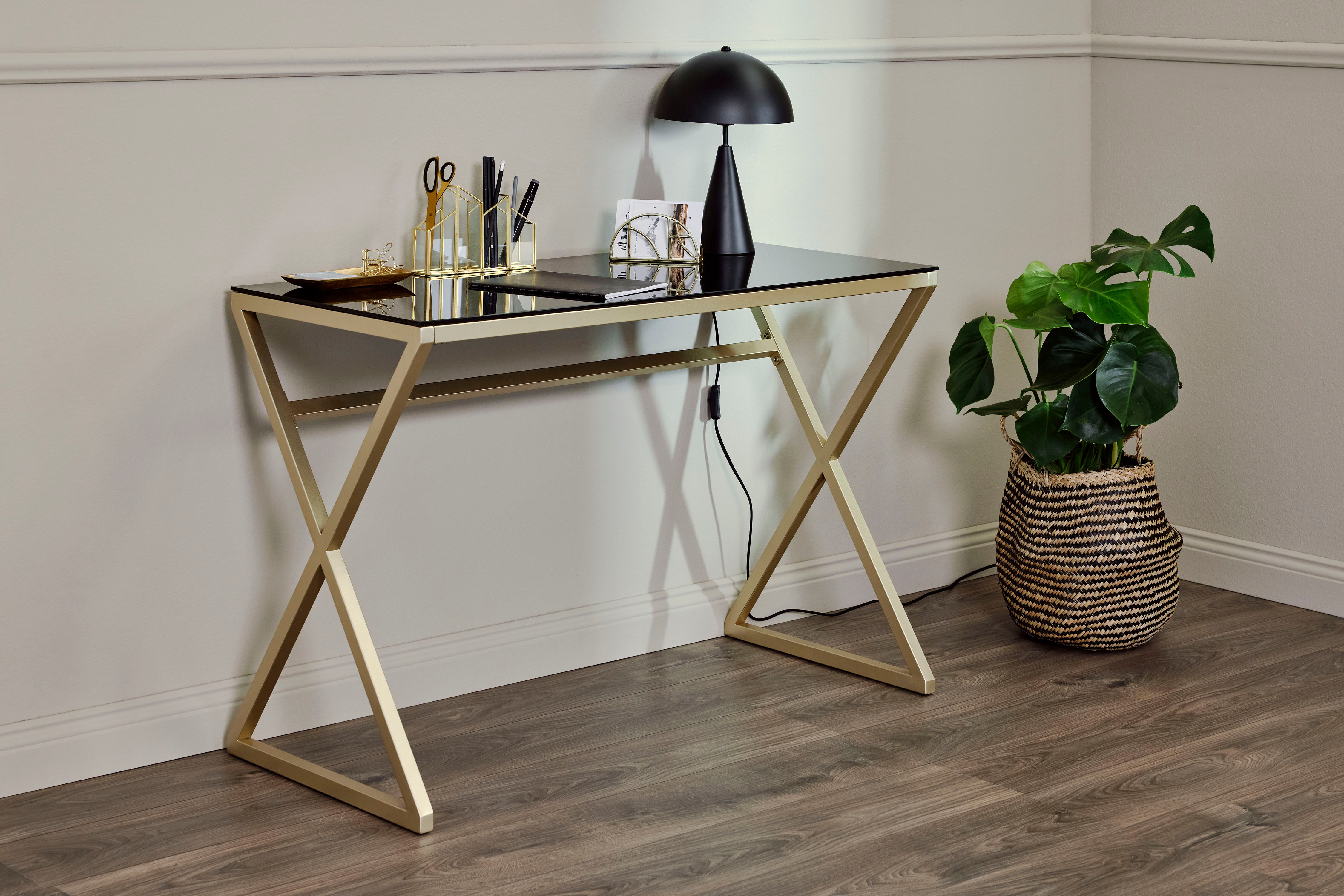 Schreibtisch JAHNKE "XTRA", gold (schwarzglas, gold, goldfarben, schwarzglas), B:110cm H:72cm T:50cm, Tische, Schreibtisch, Schreib-, Schmink-, Konsolentisch, Oberplatte aus ESG-Sicherheitsglas schwarzglas, gold, goldfarben, schwarzglas B/H/T: 110cm x 72c