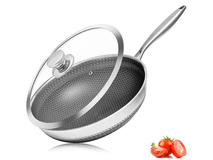 Poêle à Wok hybride antiadhésive 28 30 cm avec couvercle en verre, poêle à sauter Non toxique en acier inoxydable 316, poêle à Woks profonde JT559