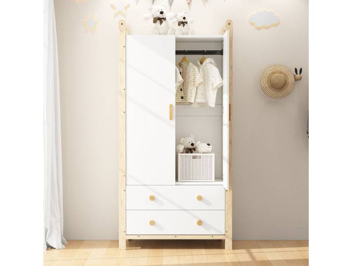 Armoire à vêtements - 2 portes - Tringle intégrée - 2 tiroirs - Blanc et pin - 90×45×180 cm