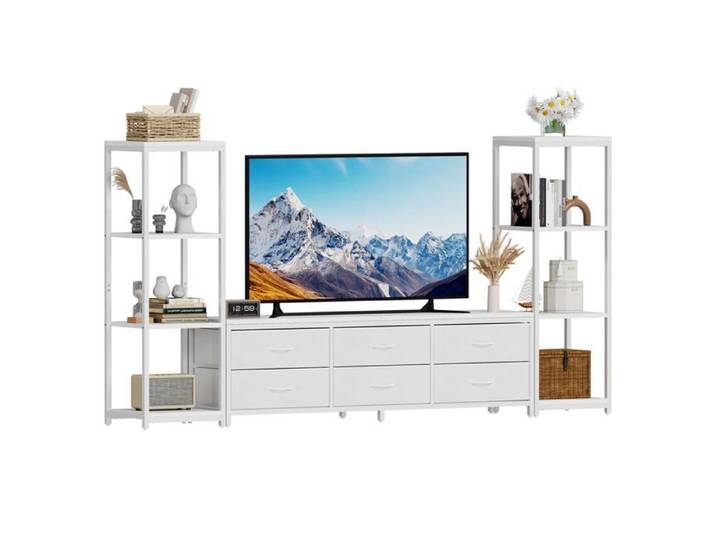 JoyGarden Meuble TV industriel pour TV 75  console multimédia avec 6 tiroirs et étagères modulables pour salon home cinéma - Blanc
