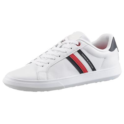 Sneaker TOMMY HILFIGER "ESSENTIAL LEATHER CUPSOLE", Herren, Gr. 42, Textil, bunt (weiß, dunkelblau), Leder, Schuhe Sneaker, Freizeitschuh, Halbschuh, Schnürschuh mit typischen Streifen