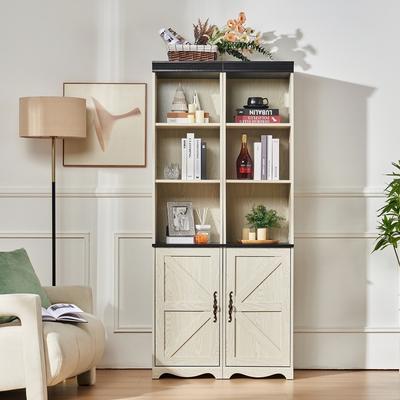 Farmhouse Tall Storage Cabinet with Adjustable Shelves, 3D Wood Grain Finish MDF Bookcase, Open Display Cubbies