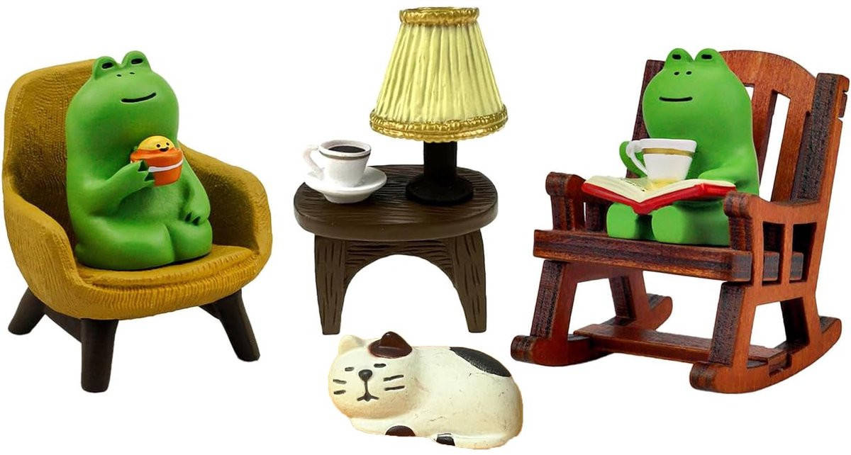 Set van 6 schattige miniatuur kikker beeldjes van hars voor decoratie van je bureau, boekenplank of tuin