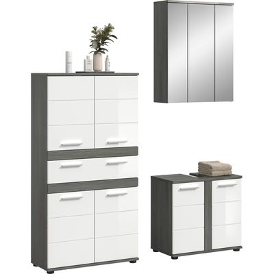 Badmöbel-Set WELLTIME "LUCCA, 3-tlg. Badkombination, viel Stauraum, modernes Design", rauchsilber, weiß hochglanz, B:145cm H:191cm T:34cm, Holzwerkstoff, Kastenmöbel-Sets, Badmöbel-Set, Bad-Kombination, Bad-Möbel, Badezimmer, Kombination, Kombi
