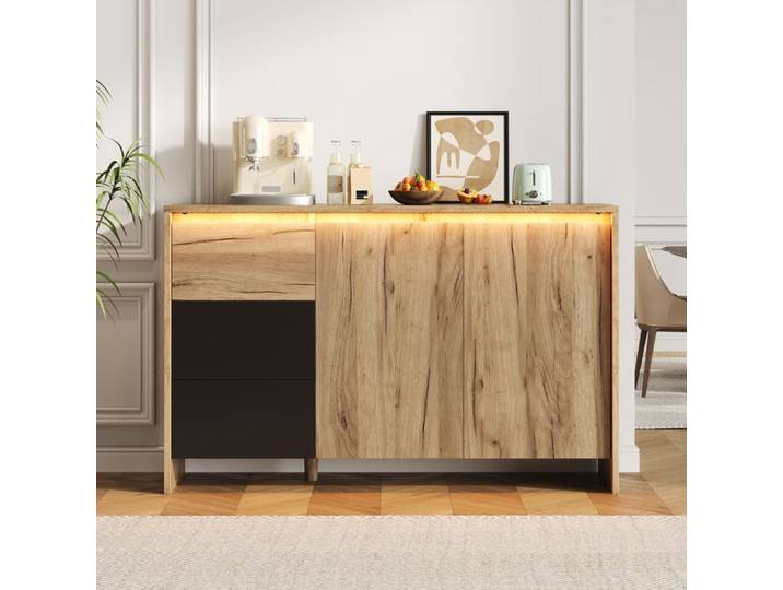 Buffet bois et noir - Buffet de salon rangement moderne avec LED multicolore - 3 tiroirs et 2 portes - Pour salon
