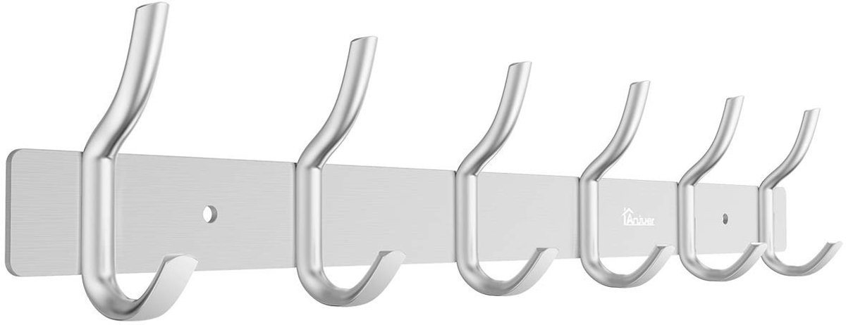 Omgoods Kleerhanger Rek met 6 Haken, Wandmontage, Zilver, Breedte: 42 cm