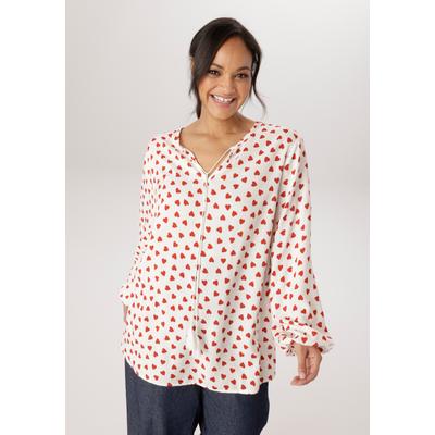 Schlupfbluse ANISTON PLUS, Damen, Gr. 52, rot (weiß, rot), Web, Obermaterial: 100% Viskose, bedruckt, gemustert, figurumspielend Po-bedeckend, V-Ausschnitt, mit Gummizug, Blusen Schlupfbluse, mir Herzen bedruckt