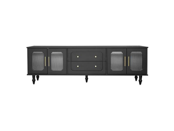 Flieks Tv-Schrank Lowboard Retro-Stil goldene Griffe viel Stauraum Glastür Schwarz, Holz, 48x8.5x185 cm, Wohnzimmer, TV Möbel, Lowboards, Lowboards stehend