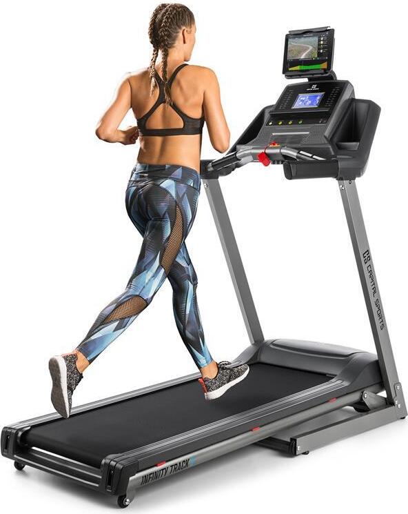 CAPITAL SPORTS Infinity Track Laufband - 5 PS Treadmill mit integrierten Lautsprechern & AUX-IN, Laufbahn mit Pulssensor, 36 Programme, klappbar, Bodenrollen, hellgrau