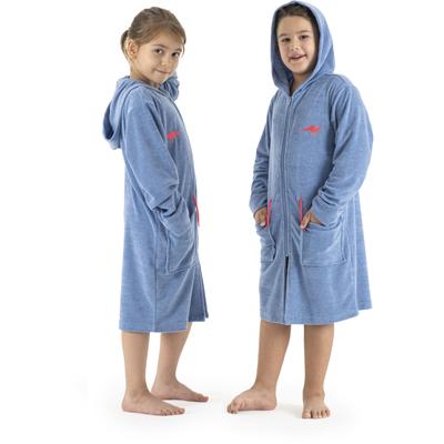 Kinderbademantel KANGAROOS "Kira, Ideal für Zuhause, Schwimmbad oder im Urlaub" Gr. 104, blau (blau melange), 104, Leichtfrottier, Hausmäntel, modernen, sportliches Design, leuchtenden Akzenten