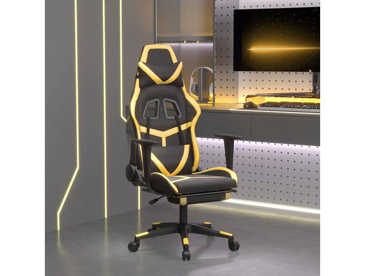 vidaXL Gaming-Stuhl mit Massage & Fußstütze Schwarz Golden Kunstleder