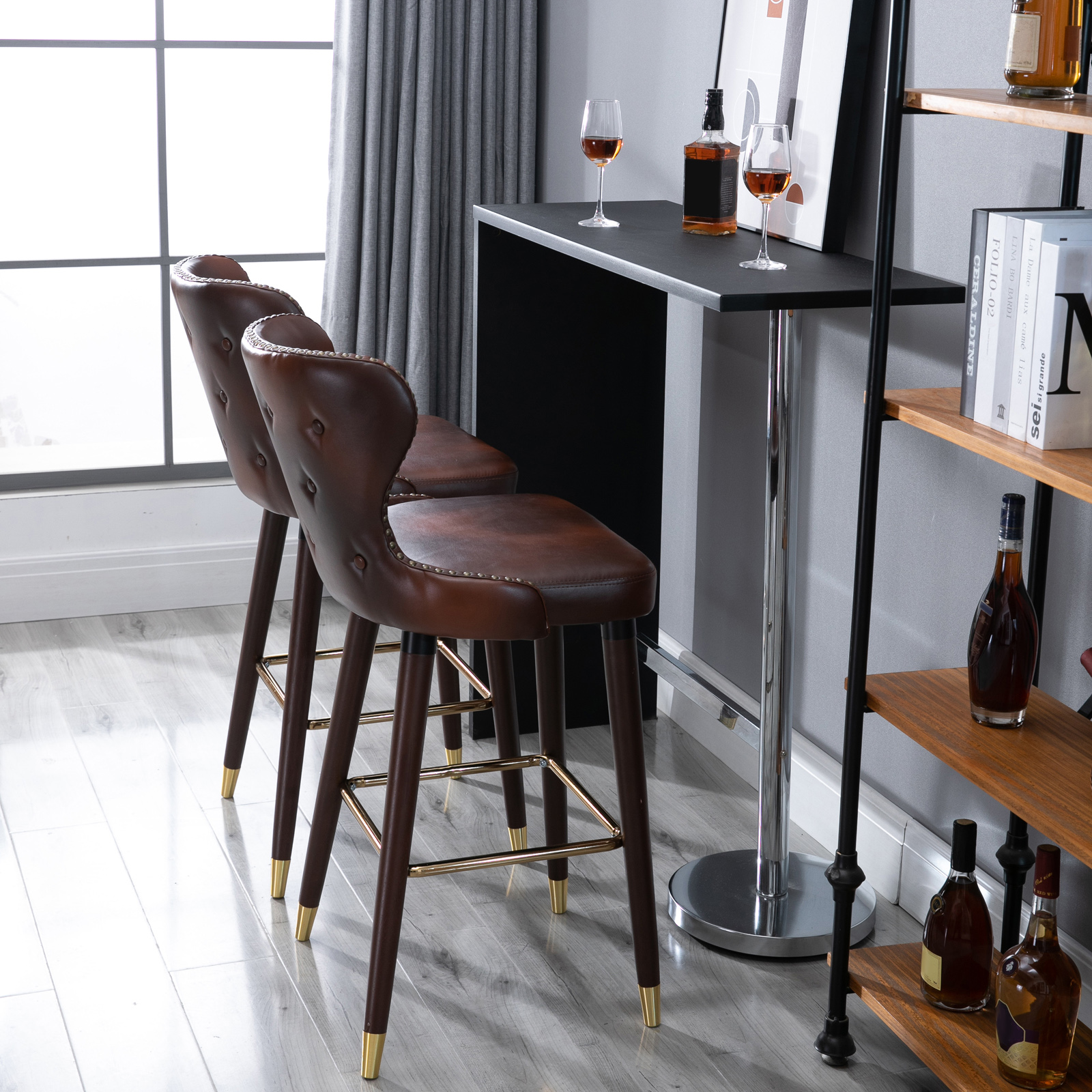 Homcom Sgabelli Alti da Bar con Schienale Ergonomico in Stile Industrial Set 2 Marrone e Oro Cucina, Bar, Ristorante Aosom