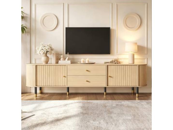 Aunvla TV Schrank Lowboard, TV-Bänke180x40x58cm, Ovaler Lowboard-Schrank mit Schiebetüren und Zwei Schubladen – TV-Möbel in Holzoptik für das Wohnzimmer.