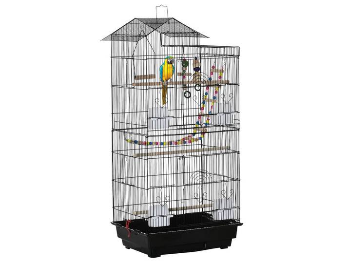ComfortXL Vogelkäfig De-17811 4 Futterhäuschen & 3 Sitzstangen, Schwarz, Metall, 36x100x46 cm, Dekoration, Gartendeko