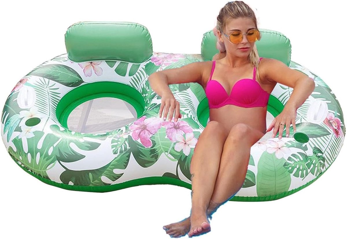 Opblaasbaar Drijvend Tweezitter Bed met Groene Bladeren voor Waterontspanning