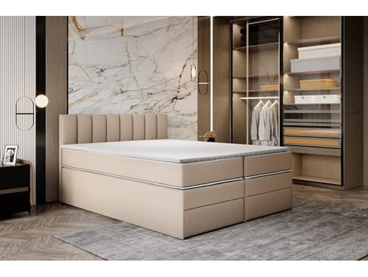 TRADA Hoches Boxspringbett 120x200 cm Schubladen & Taschenmatratze, Beige Model MIAMI, Elegantes Polsterbett mit Topper aus Viscoschaum