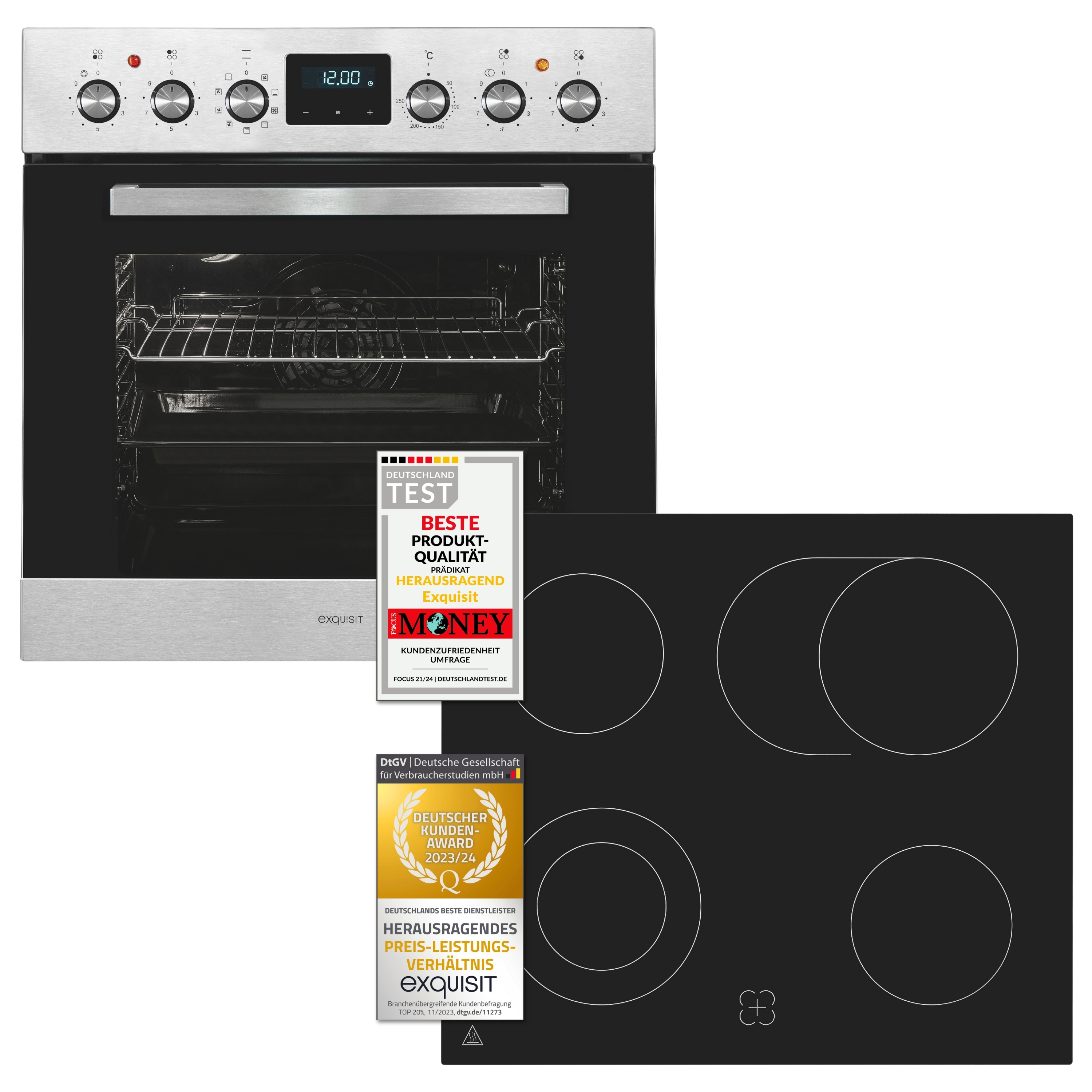 Exquisit Herd-Set EHE185-HBZ-020-Set inox | Energieeffizienzklasse A | 75 l Garraum | Glaskeramik Kochfeld | Herd-Set 60 cm