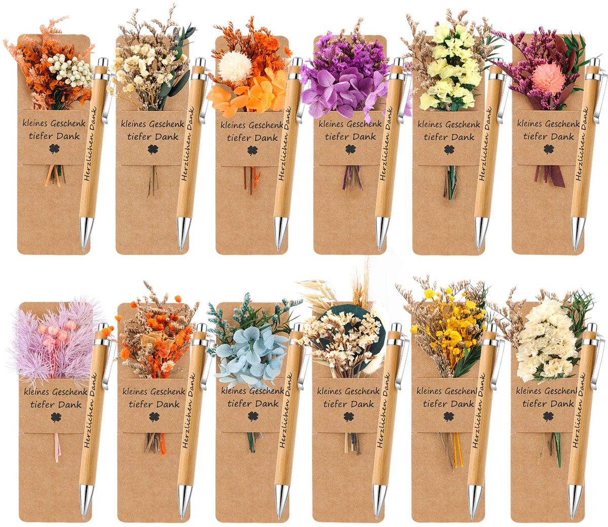 Dailygoods Set van 12 Houten Balpennen met Gedroogde Bloemen en Bladwijzer