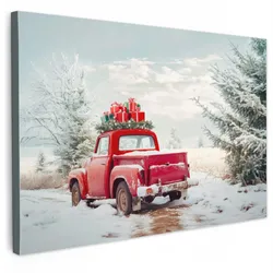 LEINWANDBILD Auto - Rot - Geschenke - Winter - Schnee - Weihnachten Wanddeko 90x60 cm