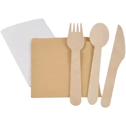 Einwegbesteck Holz 6er-Set - Löffel, Gabel, Messer, Serviette - Biologisch abbaubar - Für Party, Picknick, Grill, Catering - Zeitersparnis - Braun