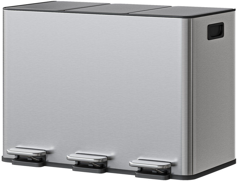ZACOO 3-in-1 Stainless Steel Kitchen Pedal Bin – 45L, 3 x 15L Compartments, Soft-Close Lid, Removable Inner Bins & Handles, Space-Saving Waste Sorting, Recy Stainless Steel