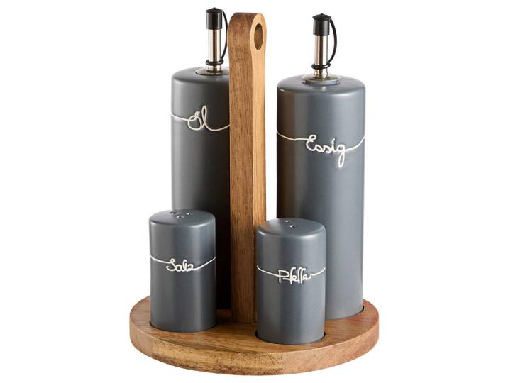 Homeware Profession. Menage-Set, Grau, Holz, Metall, Kunststoff, Keramik, 5-teilig, Akazie, vollmassiv, Lfgb, Geschirr, Tischkultur & Serviergeschirr, Essigspender & Ölspender