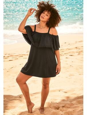 Plus Size Women's Laser-Cut Off-The-Shoulder Swim Dress by Swim 365 in Black (Size 30)