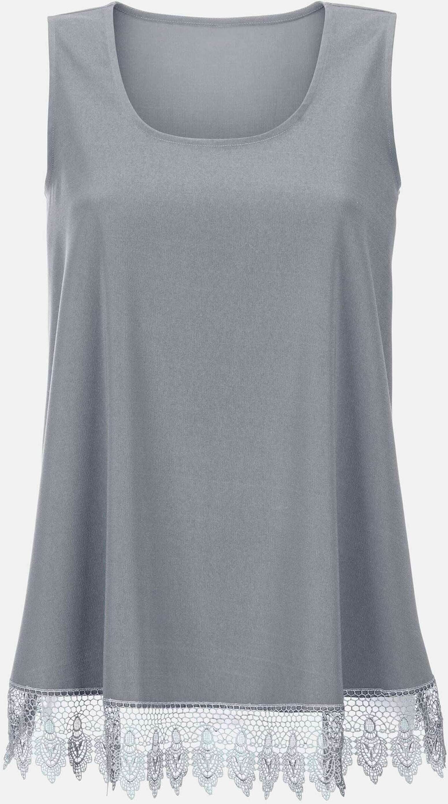 Blusentop MADELEINE "Top Feminines Blusentop mit Spitzenbesatz", Damen, Gr. 42, grau (steingrau), Obermaterial: 100% Polyester PES., Modern, normal, Blusen Blusentop
