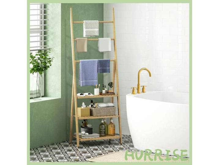 Cocosity Étagère Salle De Bain En Bambou Pliable 3 Niveaux Étagère À Échelle Porte-Serviettes 53 5X30X153Cm Effet Bois Naturel