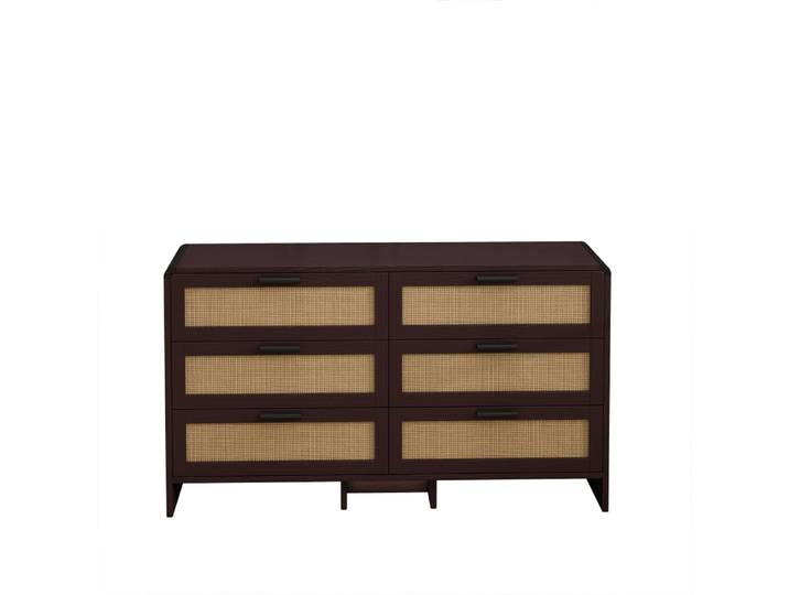Buffet effet bois marron 6 tiroirs en rotin 130x40x74cm