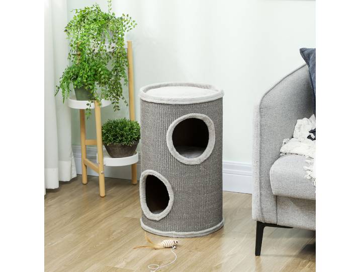 PawHut Tonneau à Griffer 60cm 2 Niches Gris Clair