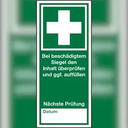 Erste Hilfe Prüfsiegel Verbandkasten, Bogen = 5 Stück - 30x70 mm Dokumentenfolie selbstklebend