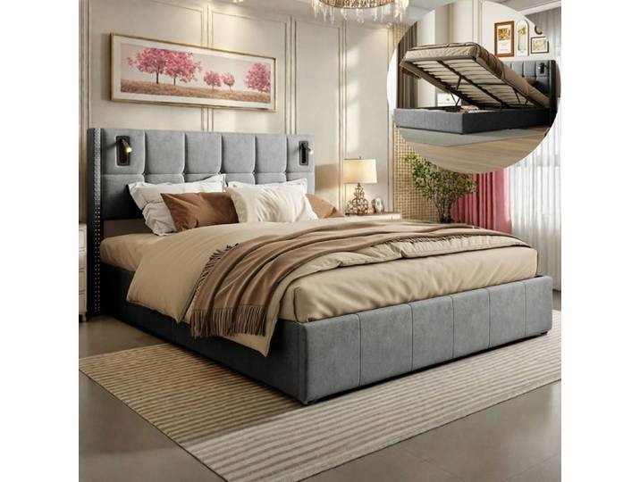 Lit double 140×200 cm - Avec lampe de lecture - Sommier relevable hydraulique - Cadre de lit adulte 140×200 cm - Velours gris