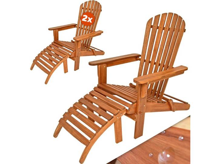Casaria 2x Chaise longue transat Adirondack en bois d'acacia avec repose-pieds Bain de soleil Siège de jardin pliable Extérieur