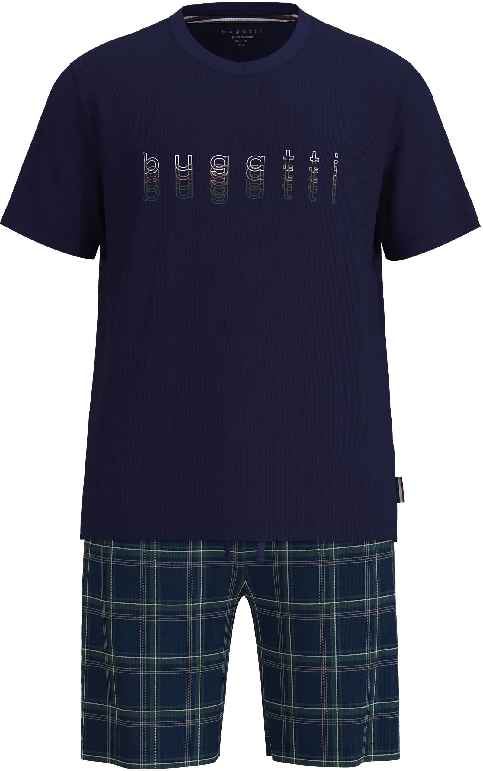 Shorty BUGATTI, Herren, Gr. 50, blau (blau, dunkel, karo), Single Jersey, Obermaterial: 100% Baumwolle, bequem kurz, Rundhals, gerader Abschluss, Homewear-Sets Shorty, Kurzarm, Rundhalsausschnitt, kurze Hose, kariert, mit Logo, Baumwolle blau, dunkel, kar