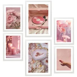POSTER Set Mit 6 Dekorative Kunst, Rosa A3 & A4 Weißer Rahmen