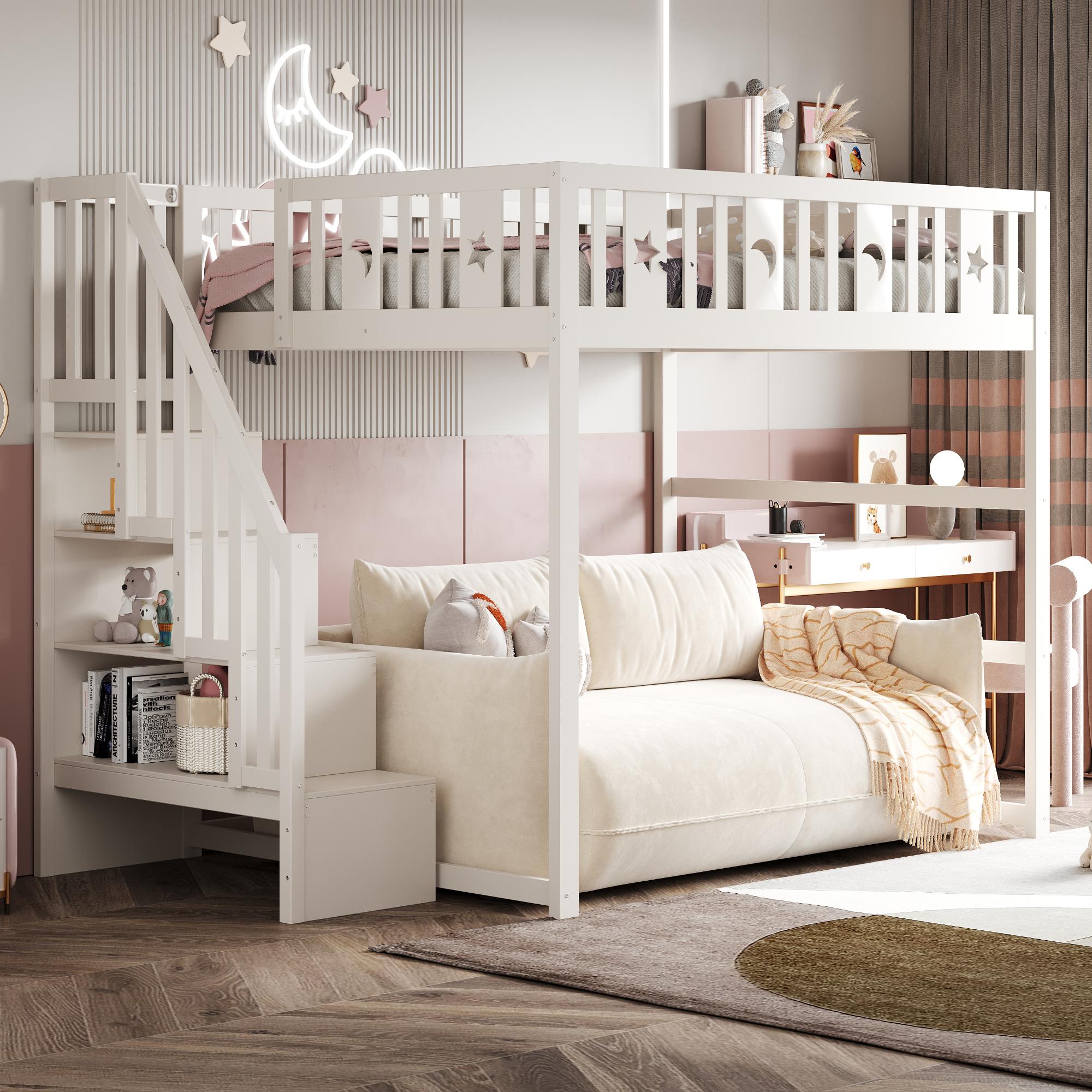 Flieks Etagenbett 140x200cm mit Treppe, Kinderbett mit Rausfallschutz und Lattenrost, Hochbett Doppelbett Stockbett Klassisches Kinderbett, Weiß