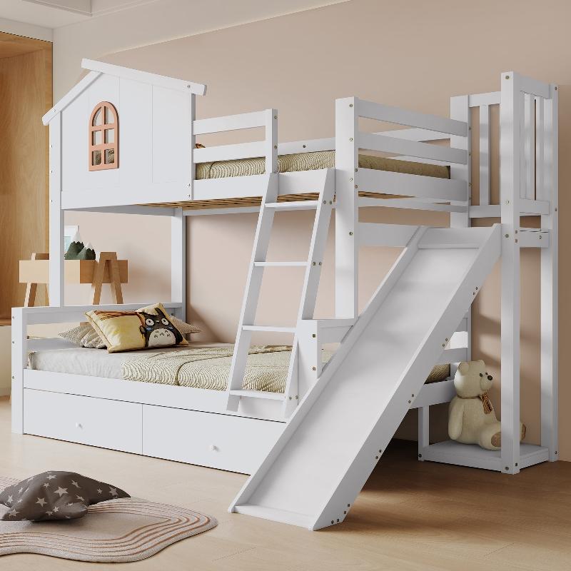 Etagenbett 90x200 oben 120x200 unten Weiß aus Kiefer, MDF mit Rutsche und zwei Schubladen für Schlafzimmer