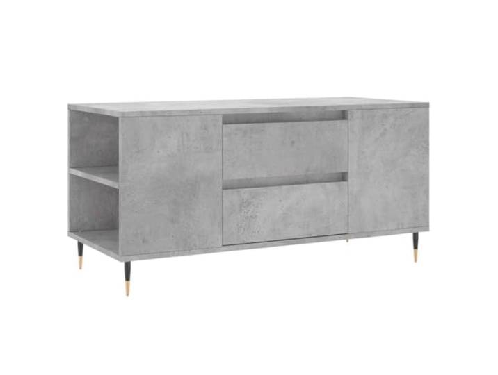 Couchtisch Betongrau 102x44,5x50cm mit 2 Schubladen 4 Fächer, Metallfüße, Getränkeplatte, Holzwerkstoff, Couchtisch
