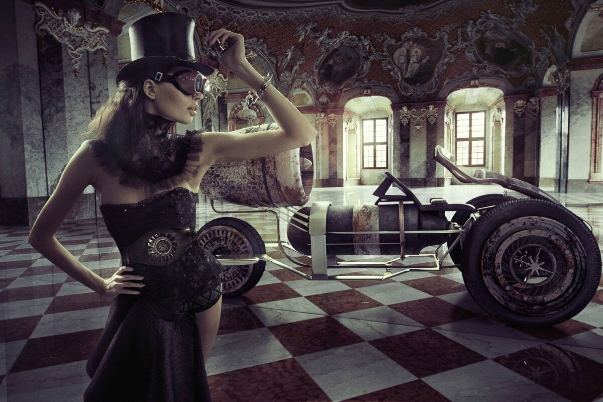 Fototapete PAPERMOON "STEAMPUNK-FRAU SEXY FANTASIE SURREAL KUNST RETRO AUTO", bunt, B:4m L:2,6m, Vlies, Tapeten, Fototapete bunt B/L: 4m x 2,6m, Bahnen: 8 Stk.