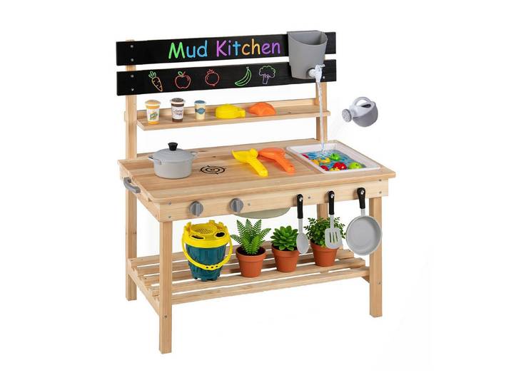 COSTWAY Outdoor-Spielküche Fichtenholz, 2 in 1 Matschküche Holz mit verschiebbarer Tafel