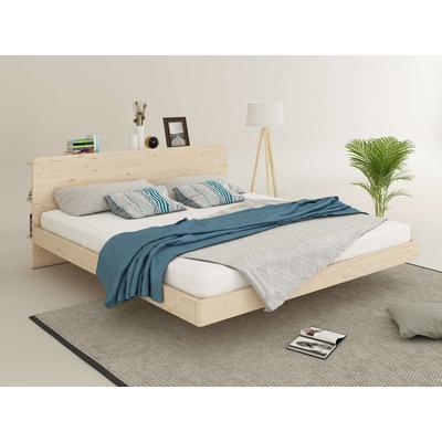 Massivholzbett OTTO HOME "Amaliah Schwebebett, versteckte Regale hinter dem Kopfteil", beige (naturbelassen), B:186,8cm H:82cm, Betten, Massivholzbett, schwebender Effekt, mit Lattenrost, modernes Design, stabile Qualität